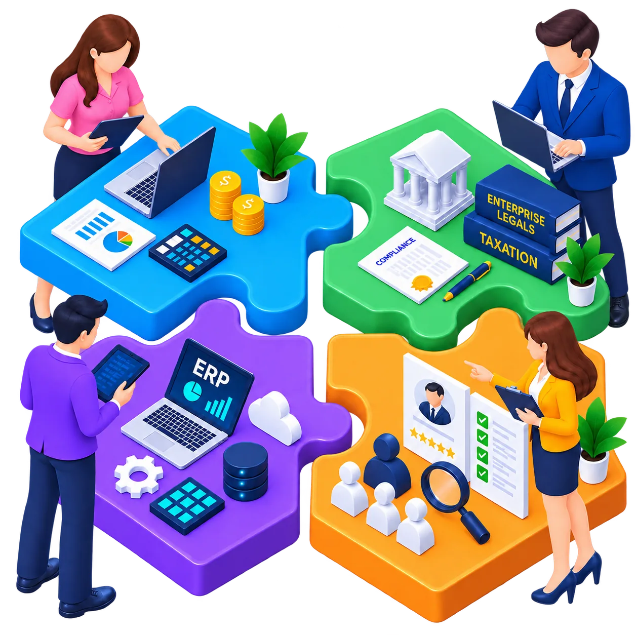 Royal Inova's four connected business pillars: finance, legal and taxation, ERP, and recruitment